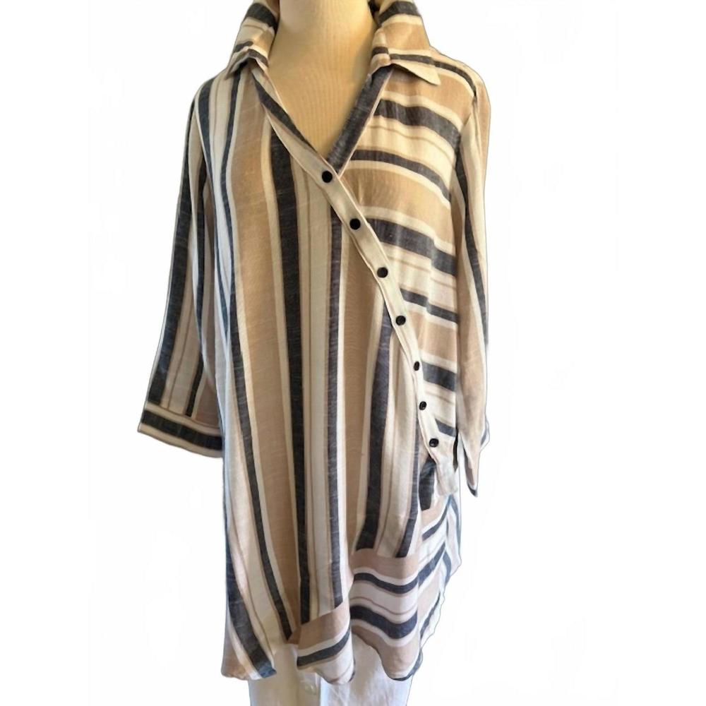 NEW KLAVELI women's stripe diagonal button top in blue/mocha/white